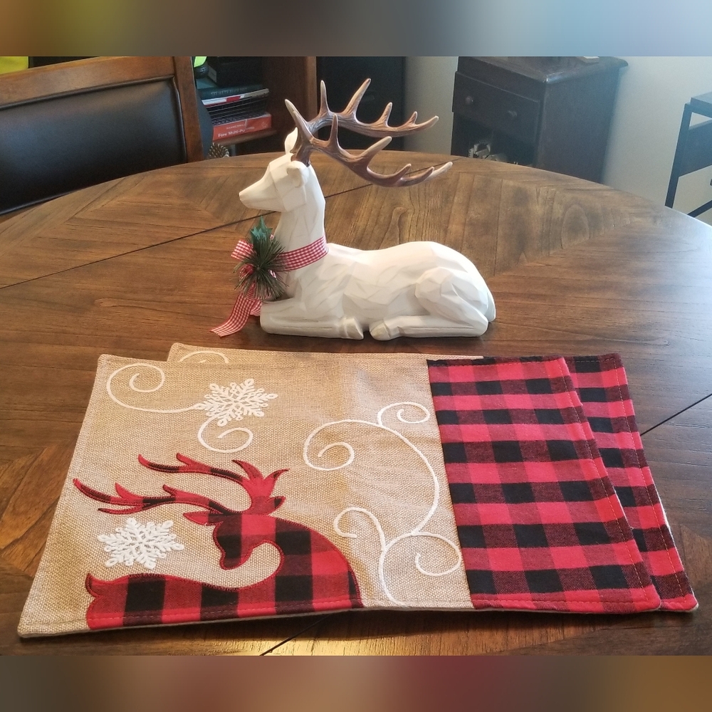 New Christmas Deer Placemats Cotton Burlap Buffalo Plaid Embroidered | S…